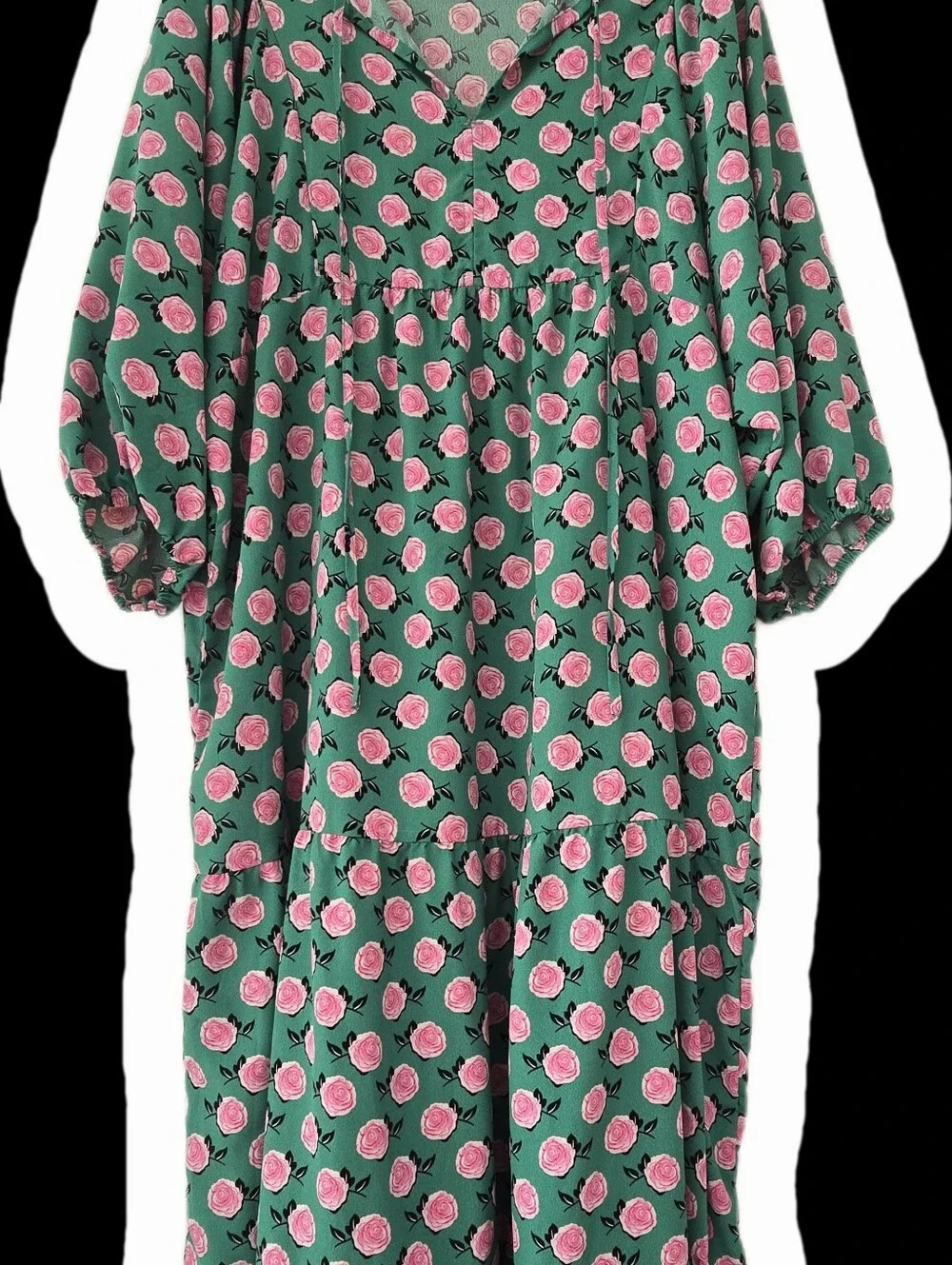 Green Floral Maxi Dress with Pink Blossoms - Picture 2 of 5